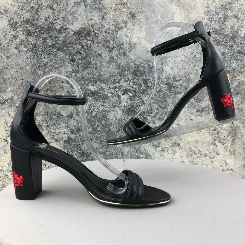 Kenneth Cole Reaction Women's Size 9.5M Lolita2 Black Leather Floral Sandals
